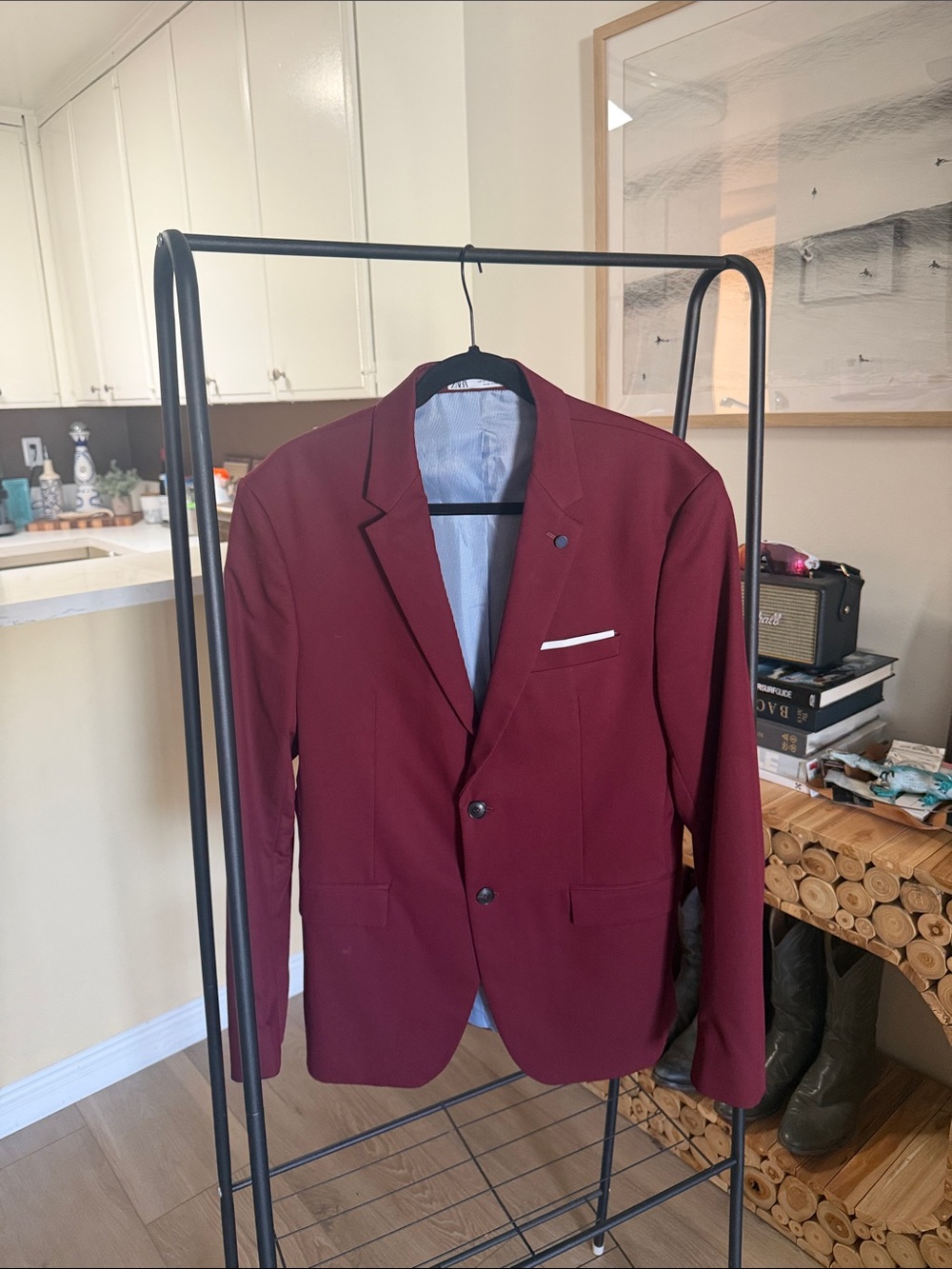 Zara Man Burgundy Two-Button Blazer with Built-In Pocket Square Trim - Size 42